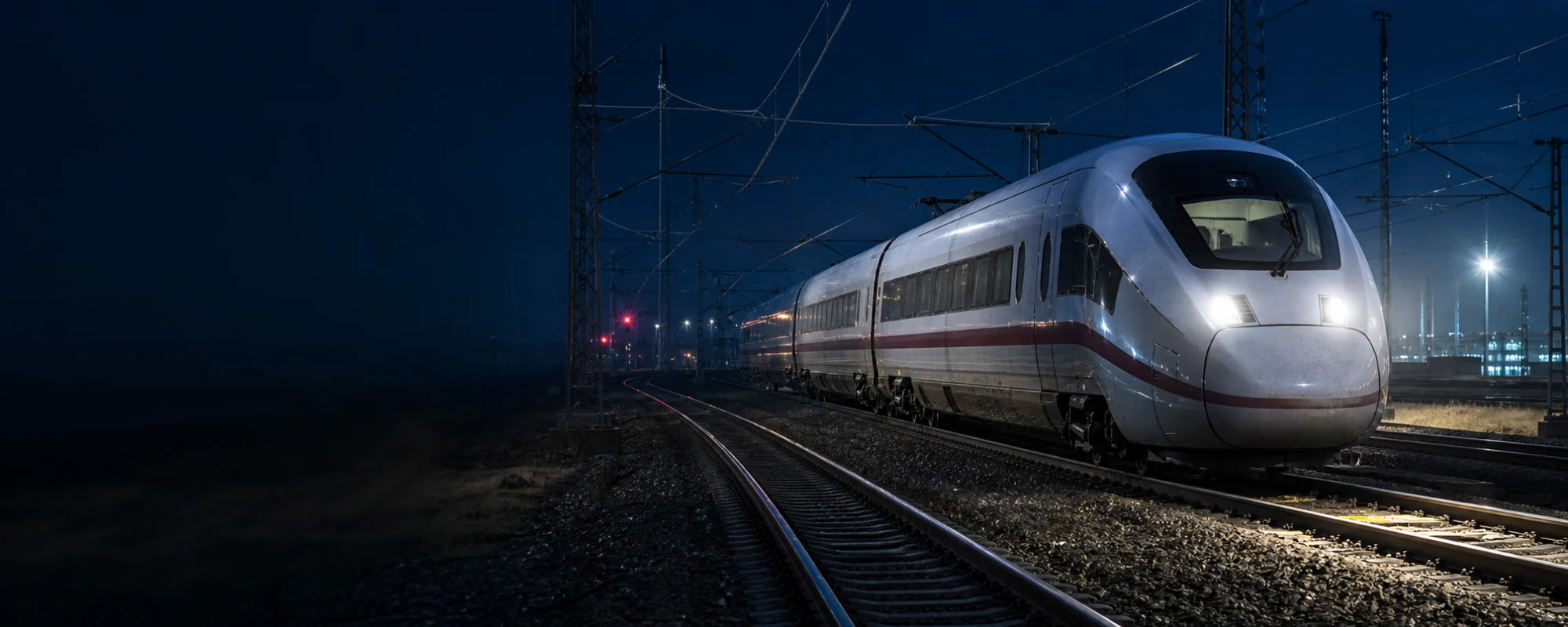 Train à grande vitesse en mouvement sur une ligne ferroviaire électrifiée de nuit