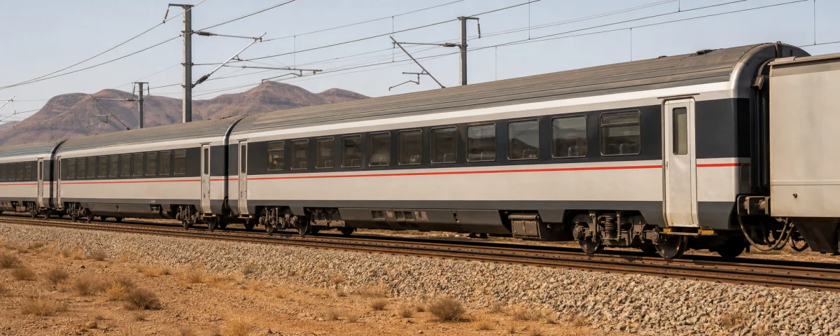 Voitures voyageurs de type Z1 et Gran Confort sur une ligne ferroviaire électrifiée